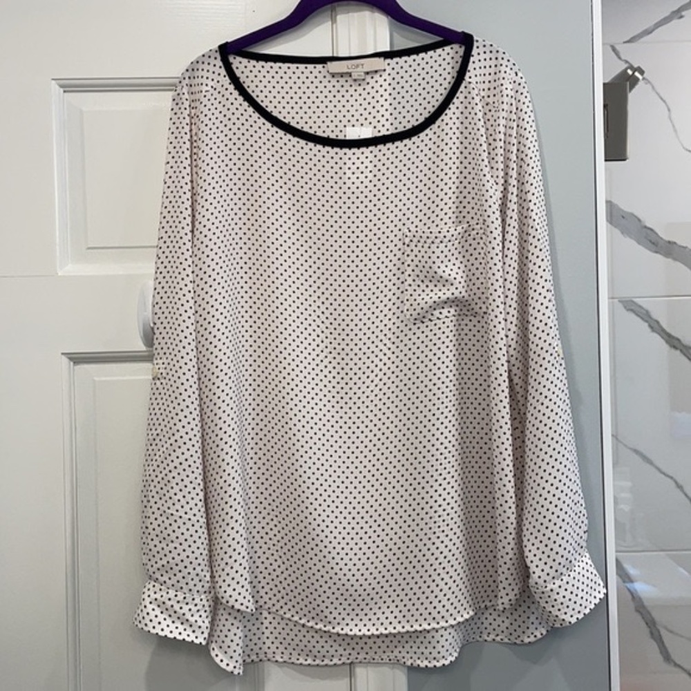 NWT LOFT Off-White with Maroon Polka Dots Popover Blouse